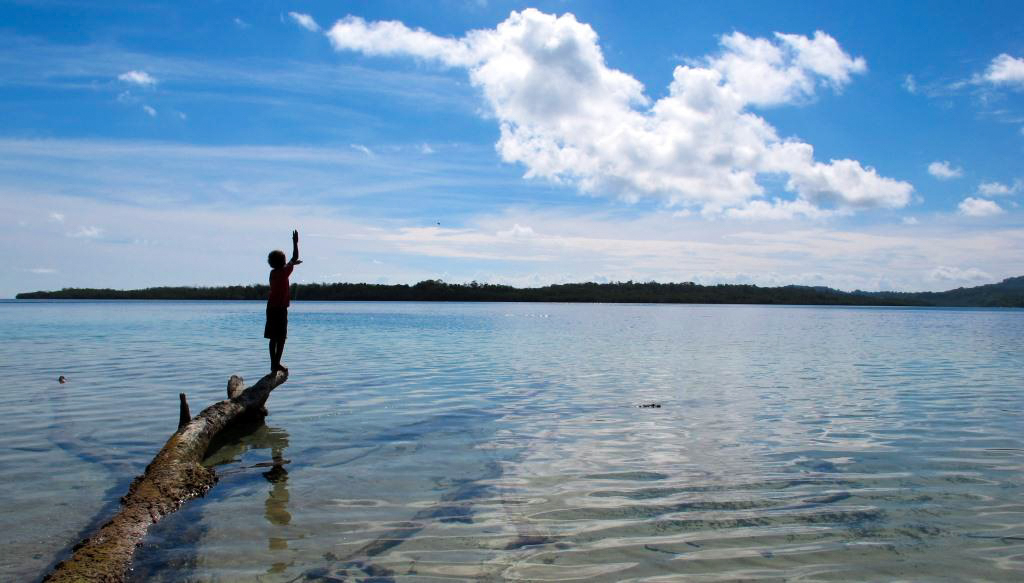 Young boy fishing from a fallen tree in Shortland Islands, Solomon Islands